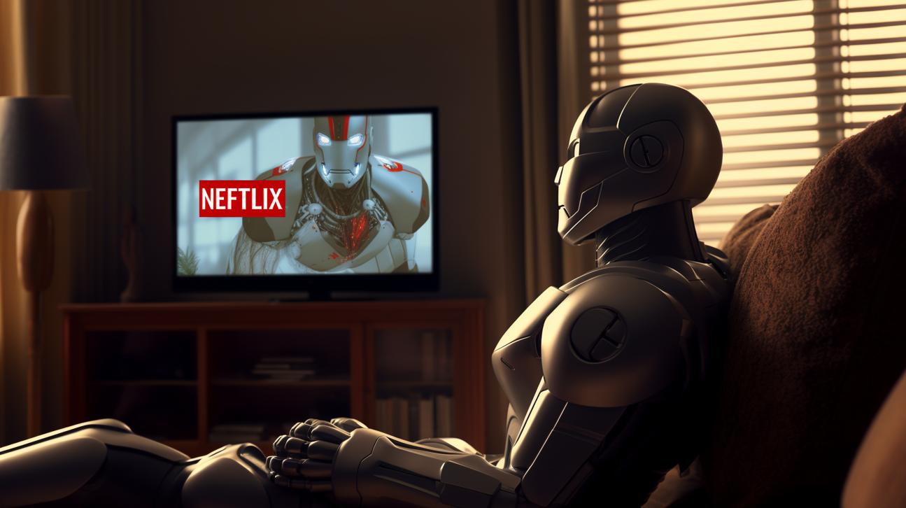 A robot is watching a TV showing a film with a robot actor